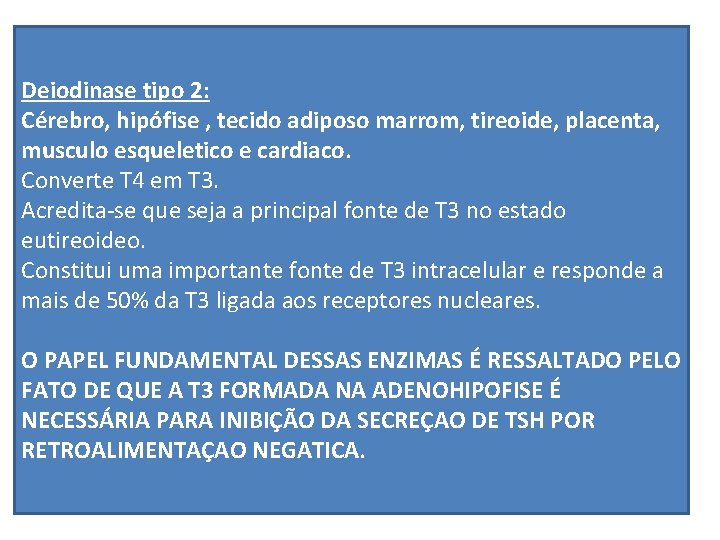 Deiodinase tipo 2: Cérebro, hipófise , tecido adiposo marrom, tireoide, placenta, musculo esqueletico e