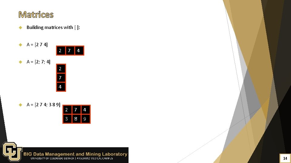  Building matrices with [ ]: A = [2 7 4] A = [2;