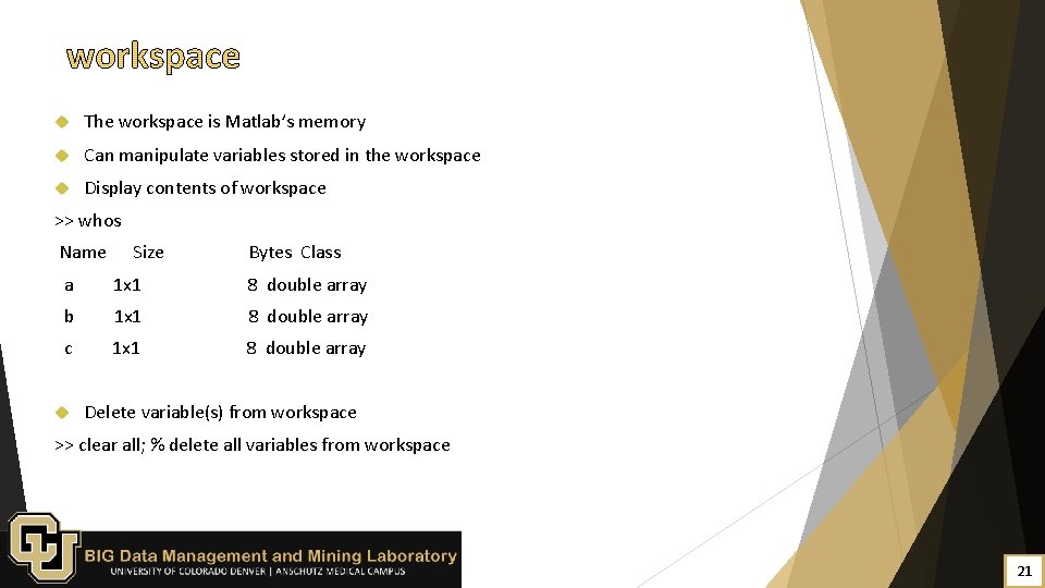  The workspace is Matlab’s memory Can manipulate variables stored in the workspace Display