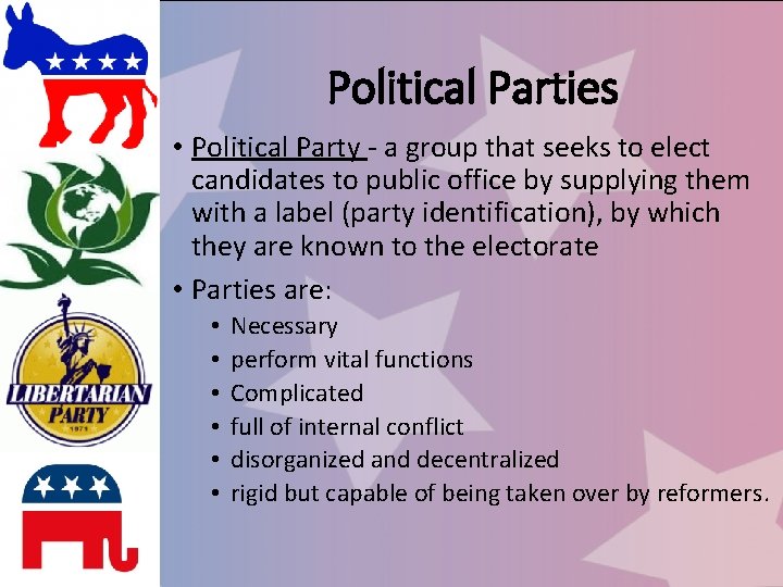 Political Parties • Political Party - a group that seeks to elect candidates to