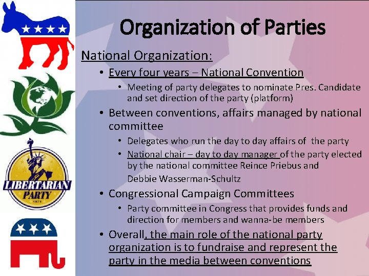 Organization of Parties National Organization: • Every four years – National Convention • Meeting