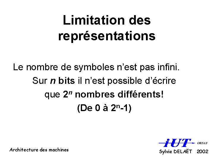Limitation des représentations Le nombre de symboles n’est pas infini. Sur n bits il
