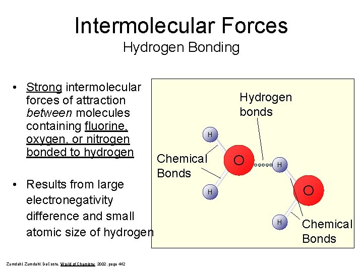 Intermolecular Forces Hydrogen Bonding • Strong intermolecular forces of attraction between molecules containing fluorine,