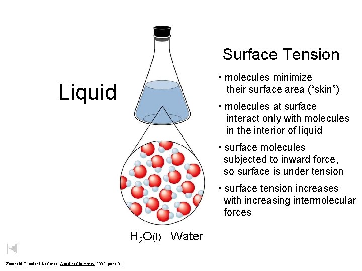 Surface Tension • molecules minimize their surface area (“skin”) Liquid • molecules at surface