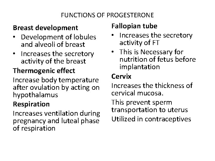 FUNCTIONS OF PROGESTERONE Breast development • Development of lobules and alveoli of breast •