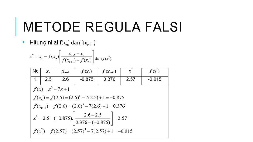 METODE REGULA FALSI § Hitung nilai f(xn) dan f(xn+1 ) 