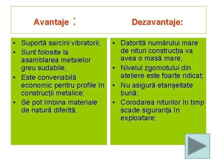 Avantaje : • Suportă sarcini vibratorii; • Sunt folosite la asamblarea metalelor greu sudabile;