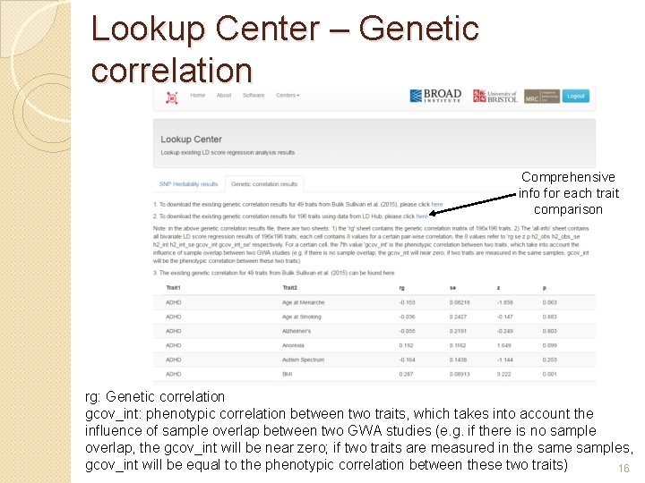 Lookup Center – Genetic correlation Comprehensive info for each trait comparison rg: Genetic correlation