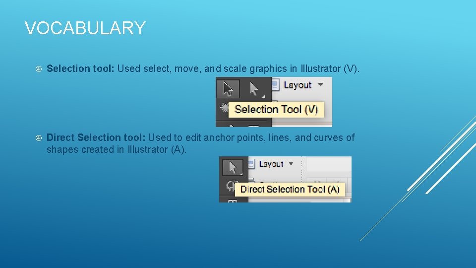 VOCABULARY Selection tool: Used select, move, and scale graphics in Illustrator (V). Direct Selection