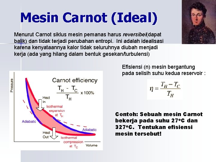 Mesin Carnot (Ideal) Menurut Carnot siklus mesin pemanas harus reversibel(dapat balik) dan tidak terjadi