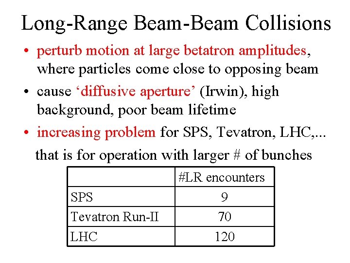 Long-Range Beam-Beam Collisions • perturb motion at large betatron amplitudes, where particles come close