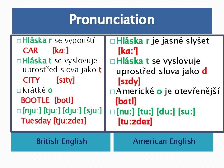 Pronunciation � Hláska r se vypouští CAR [kɑ: ] � Hláska t se vyslovuje