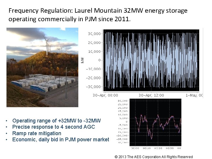 Frequency Regulation: Laurel Mountain 32 MW energy storage operating commercially in PJM since 2011.