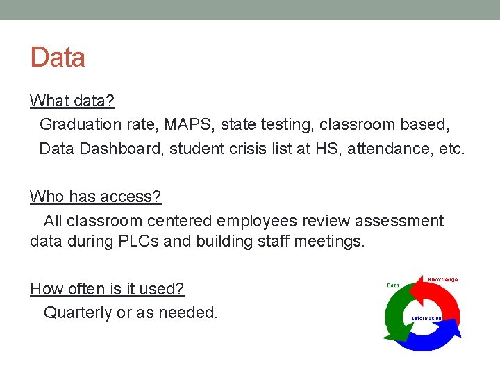 Data What data? Graduation rate, MAPS, state testing, classroom based, Data Dashboard, student crisis