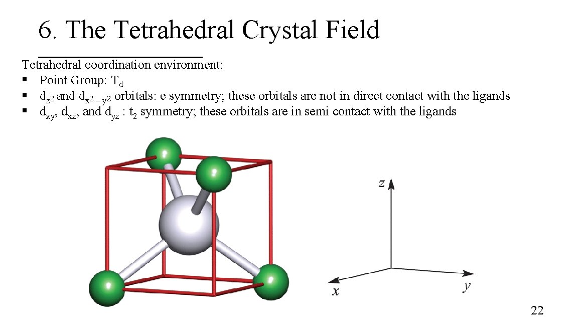 6. The Tetrahedral Crystal Field Tetrahedral coordination environment: § Point Group: Td § dz