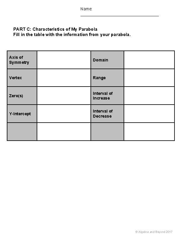 Name: _________________ PART C: Characteristics of My Parabola Fill in the table with the Name: _________________ PART C: Characteristics of My Parabola Fill in the table with the