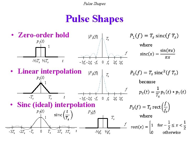 Pulse Shapes • Zero-order hold p 1(t) |P 1(f)| Ts where 1 f -½Ts