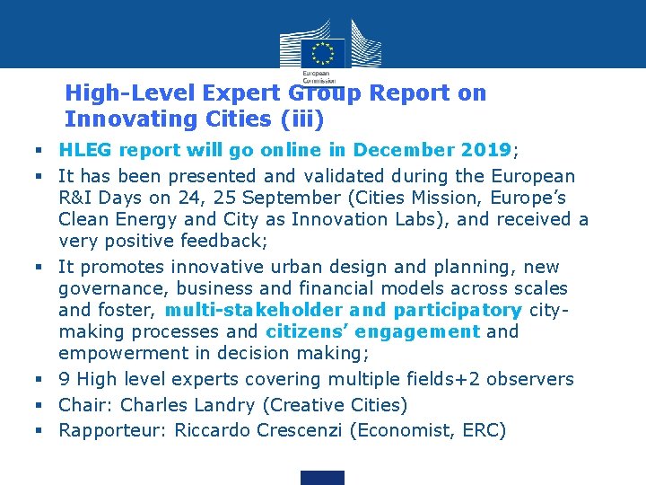 High-Level Expert Group Report on Innovating Cities (iii) § HLEG report will go online