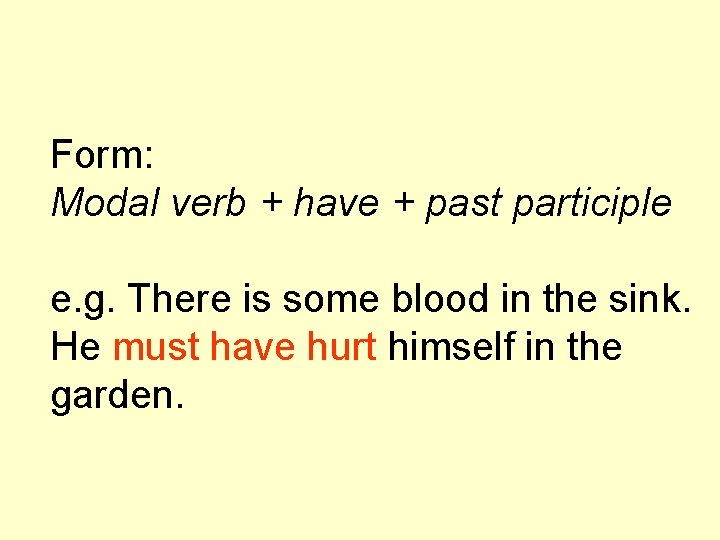 Form: Modal verb + have + past participle e. g. There is some blood