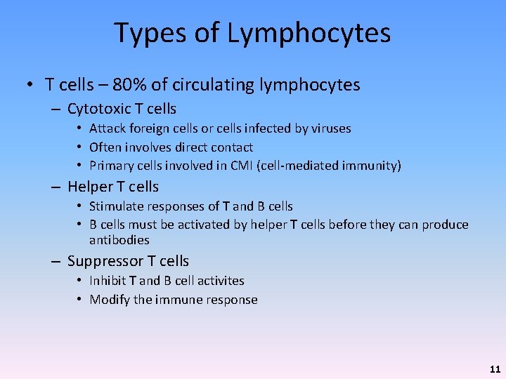 Types of Lymphocytes • T cells – 80% of circulating lymphocytes – Cytotoxic T