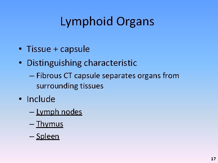 Lymphoid Organs • Tissue + capsule • Distinguishing characteristic – Fibrous CT capsule separates
