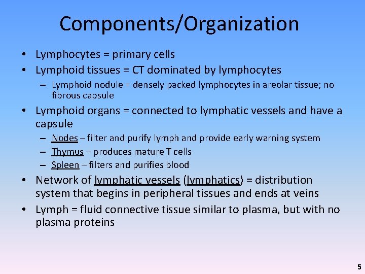 Components/Organization • Lymphocytes = primary cells • Lymphoid tissues = CT dominated by lymphocytes