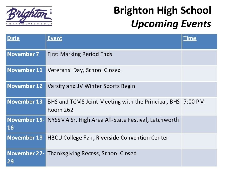 Brighton High School Upcoming Events Date Event Time __________________ November 7 First Marking Period