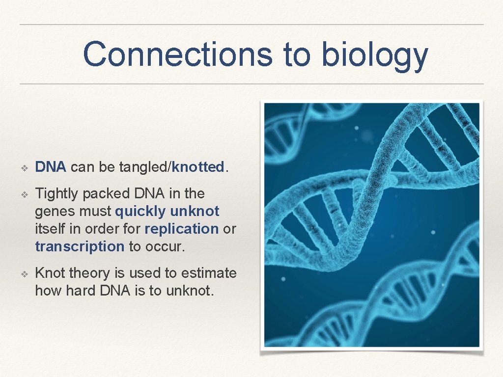 Connections to biology ❖ DNA can be tangled/knotted. ❖ Tightly packed DNA in the