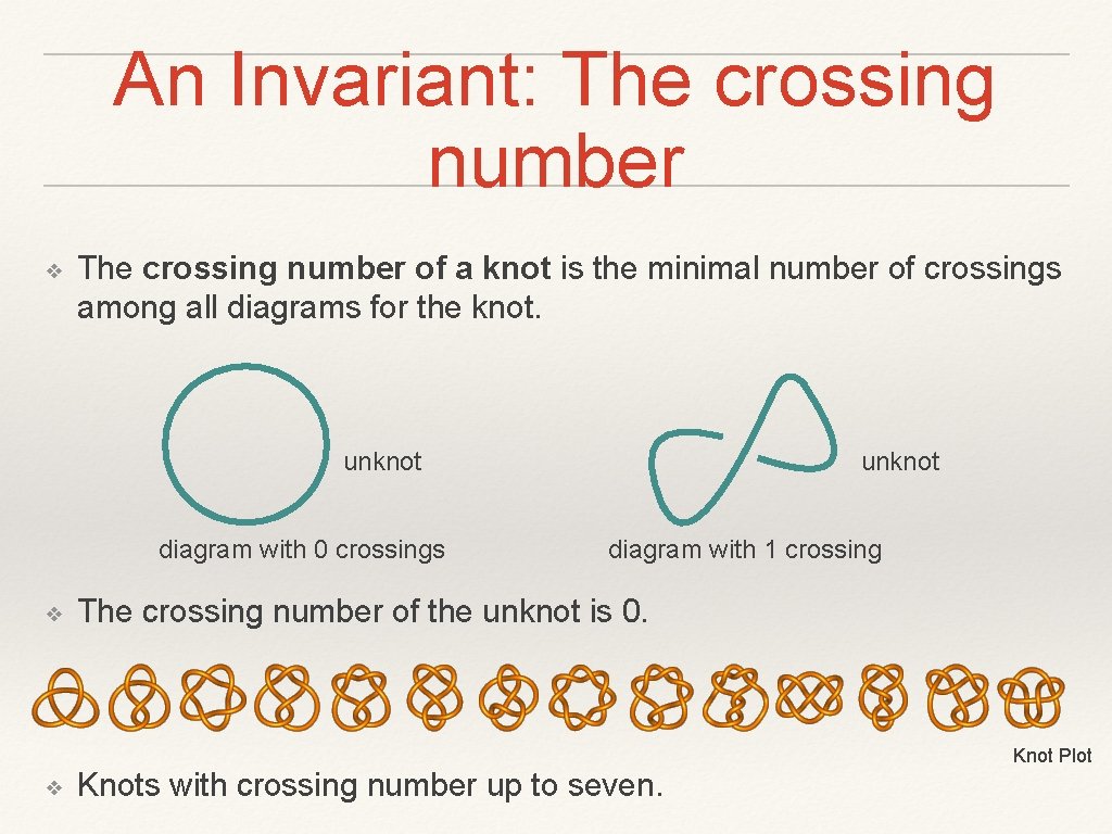 An Invariant: The crossing number ❖ The crossing number of a knot is the