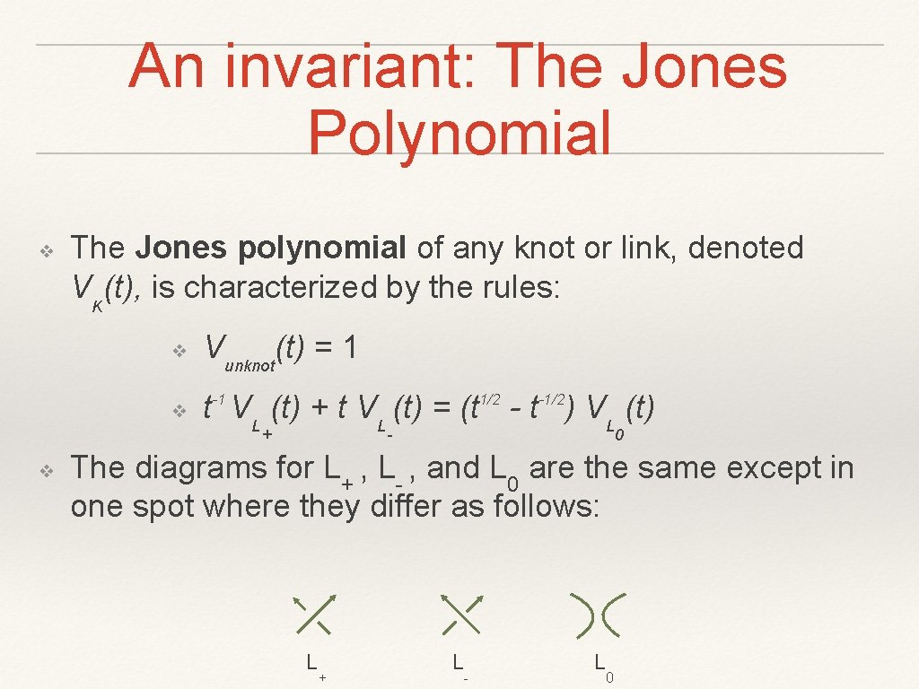 An invariant: The Jones Polynomial ❖ The Jones polynomial of any knot or link,