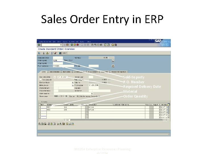 Sales Order Entry in ERP Sold-to party P. O. Number Required Delivery Date Material