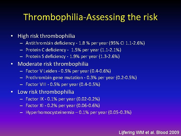 Thrombophilia-Assessing the risk • High risk thrombophilia – Antithrombin deficiency - 1. 8 %