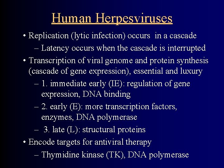 Human Herpesviruses • Replication (lytic infection) occurs in a cascade – Latency occurs when