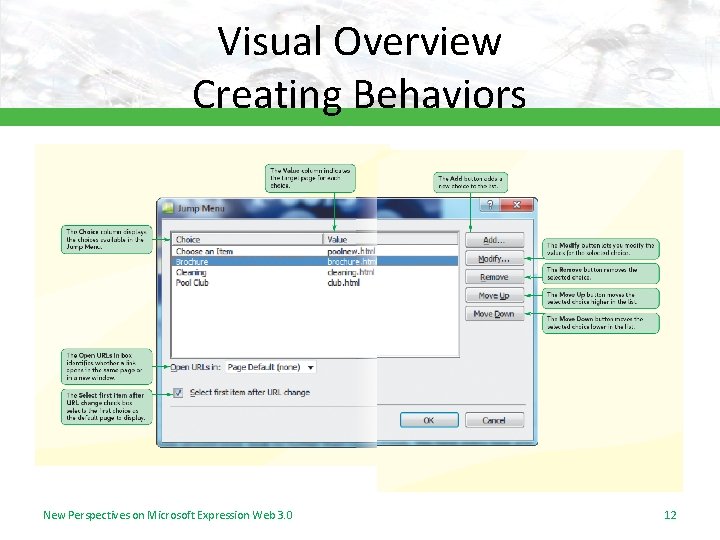 Visual Overview Creating Behaviors New Perspectives on Microsoft Expression Web 3. 0 12 Visual Overview Creating Behaviors New Perspectives on Microsoft Expression Web 3. 0 12