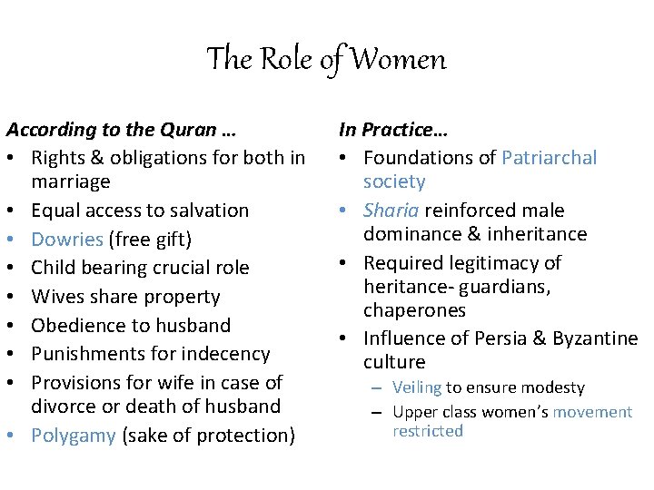 The Role of Women According to the Quran … • Rights & obligations for