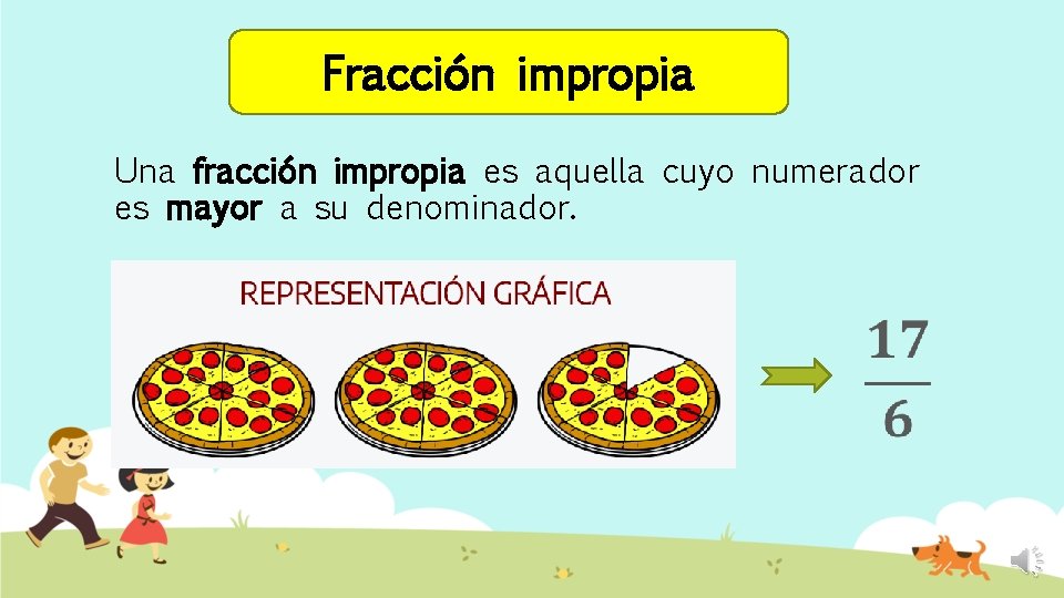 Fracción impropia Una fracción impropia es aquella cuyo numerador es mayor a su denominador.