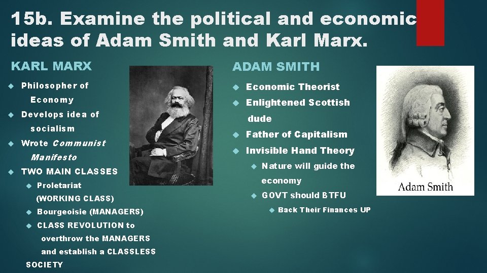 15 b. Examine the political and economic ideas of Adam Smith and Karl Marx.