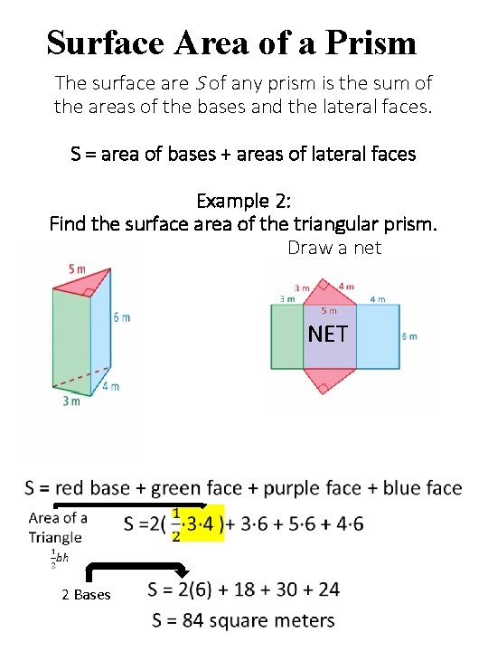 Surface Area of a Prism The surface are S of any prism is the