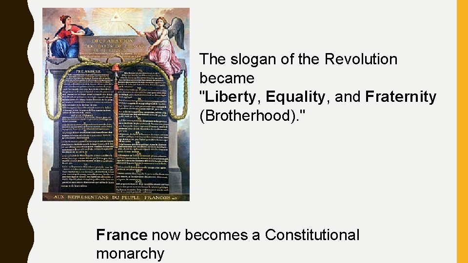 The slogan of the Revolution became "Liberty, Equality, and Fraternity (Brotherhood). " France now