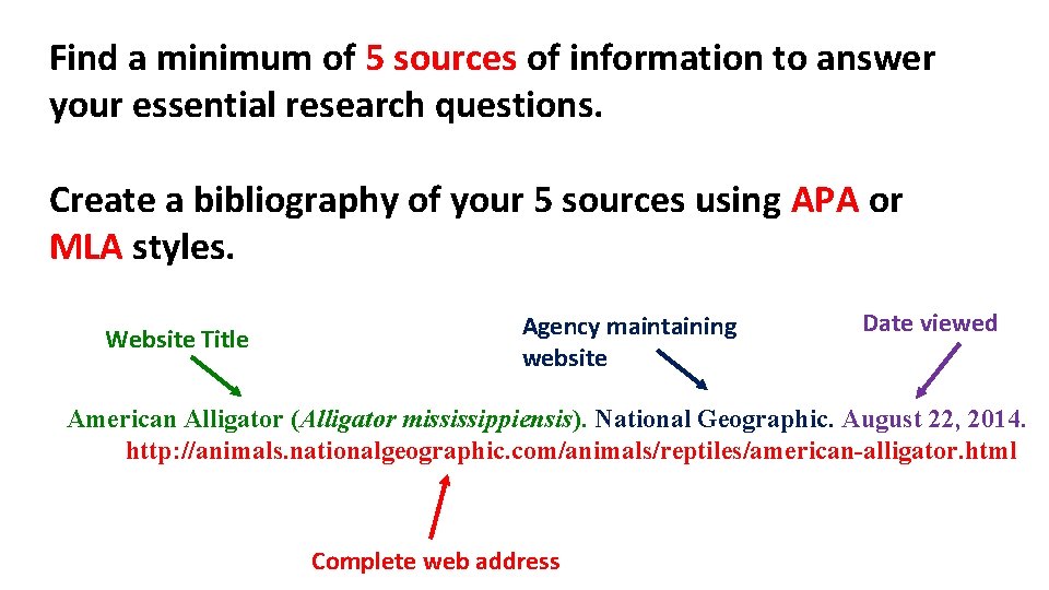 Find a minimum of 5 sources of information to answer your essential research questions.
