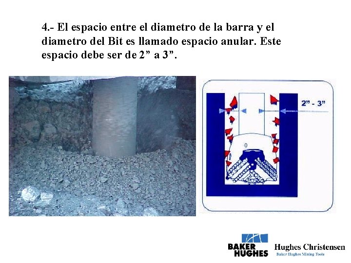 4. - El espacio entre el diametro de la barra y el diametro del