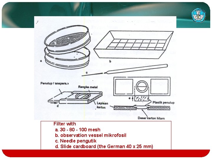 Filter with a. 30 - 80 - 100 mesh b. observation vessel mikrofosil c.