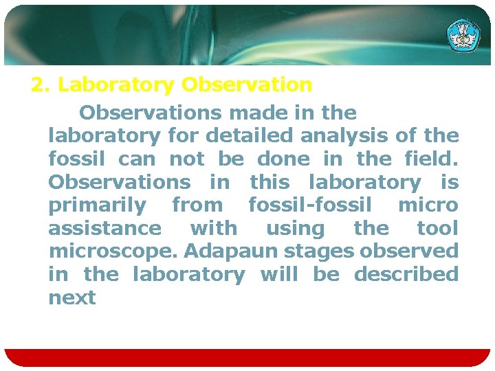 2. Laboratory Observations made in the laboratory for detailed analysis of the fossil can