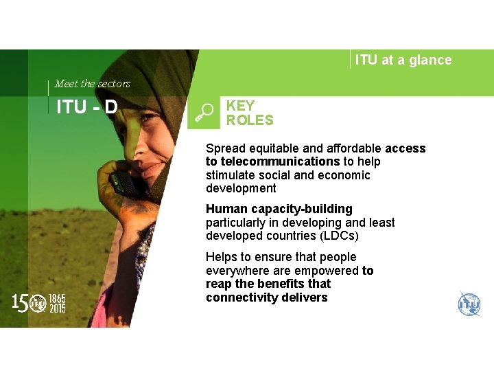 ITU at a glance Meet the sectors ITU - D KEY ROLES Spread equitable
