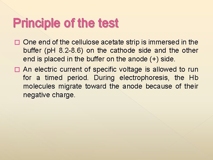 Principle of the test One end of the cellulose acetate strip is immersed in