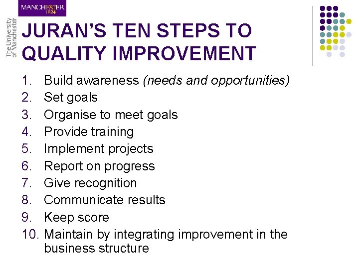 JURAN’S TEN STEPS TO QUALITY IMPROVEMENT 1. 2. 3. 4. 5. 6. 7. 8.