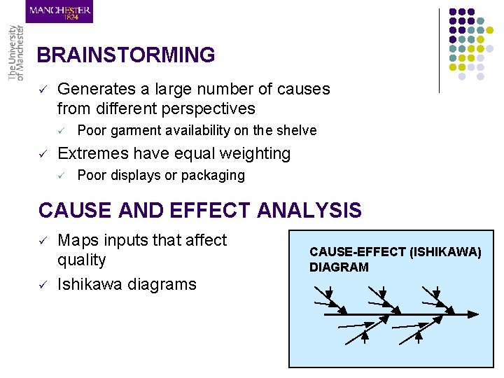 BRAINSTORMING ü Generates a large number of causes from different perspectives ü ü Poor