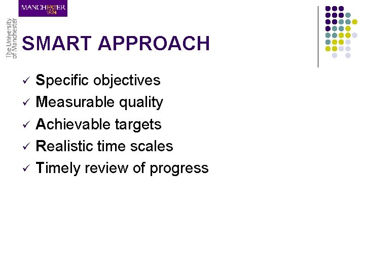 SMART APPROACH ü ü ü Specific objectives Measurable quality Achievable targets Realistic time scales