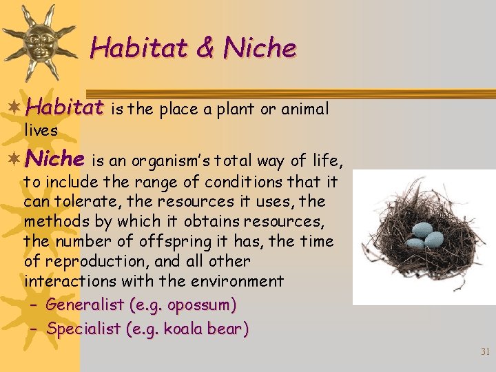 Habitat & Niche ¬Habitat is the place a plant or animal lives ¬Niche is