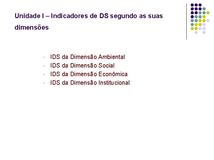 Unidade I – Indicadores de DS segundo as suas dimensões IDS da Dimensão Ambiental